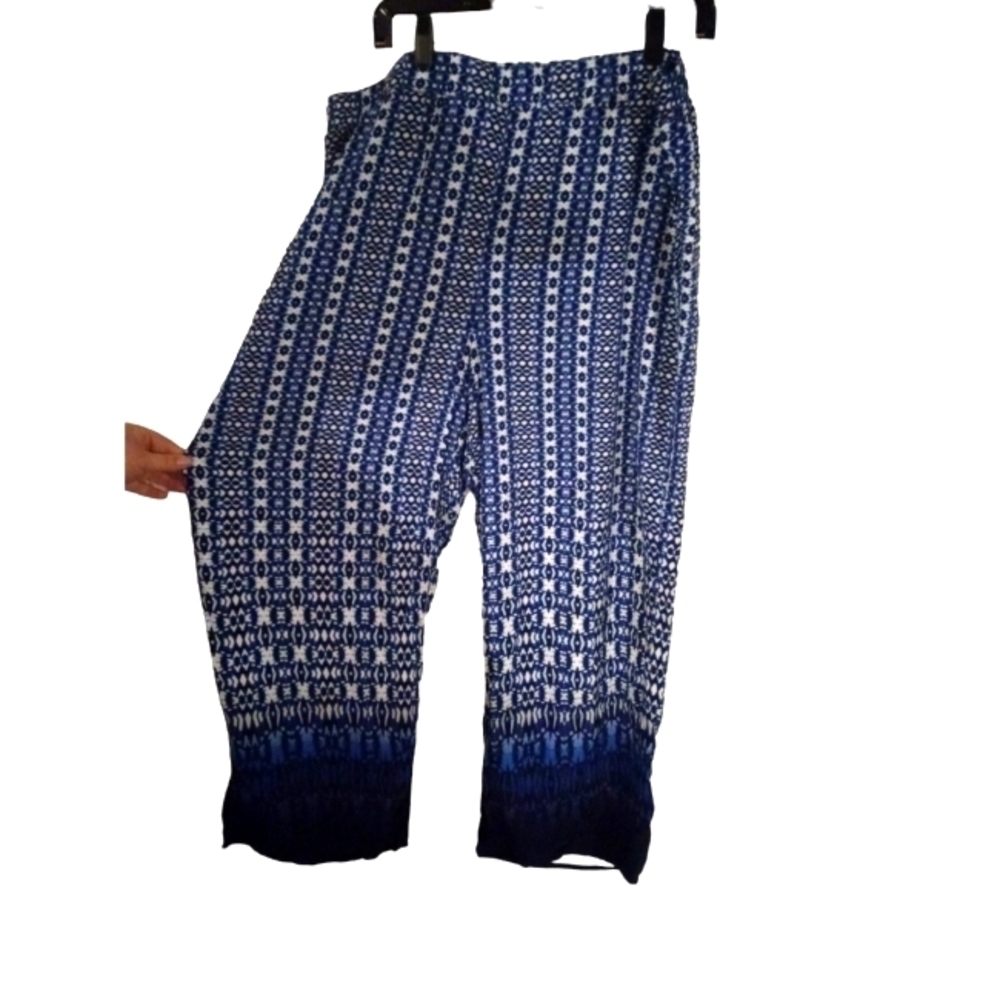 BoHo Wide Leg Pants Ruby Rd Women Blue White Geo Print Elastic Pull On Beachy 2X